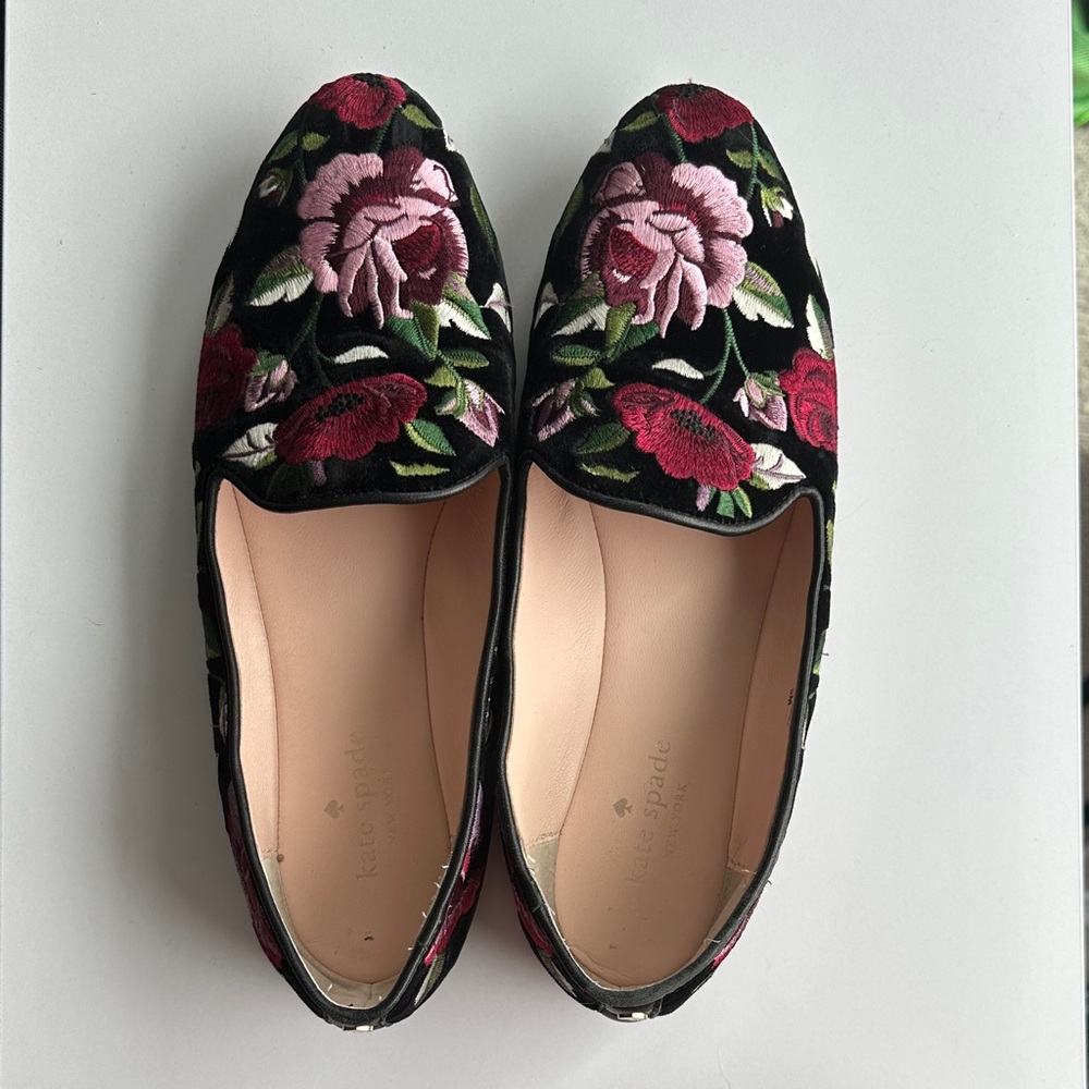 Kate Spade Black and Pink Floral Embroidered Velvet Loafers